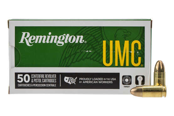 Remington UMC 9mm 115 Grain Full Metal Jacket box of 50 features brass cased ammo